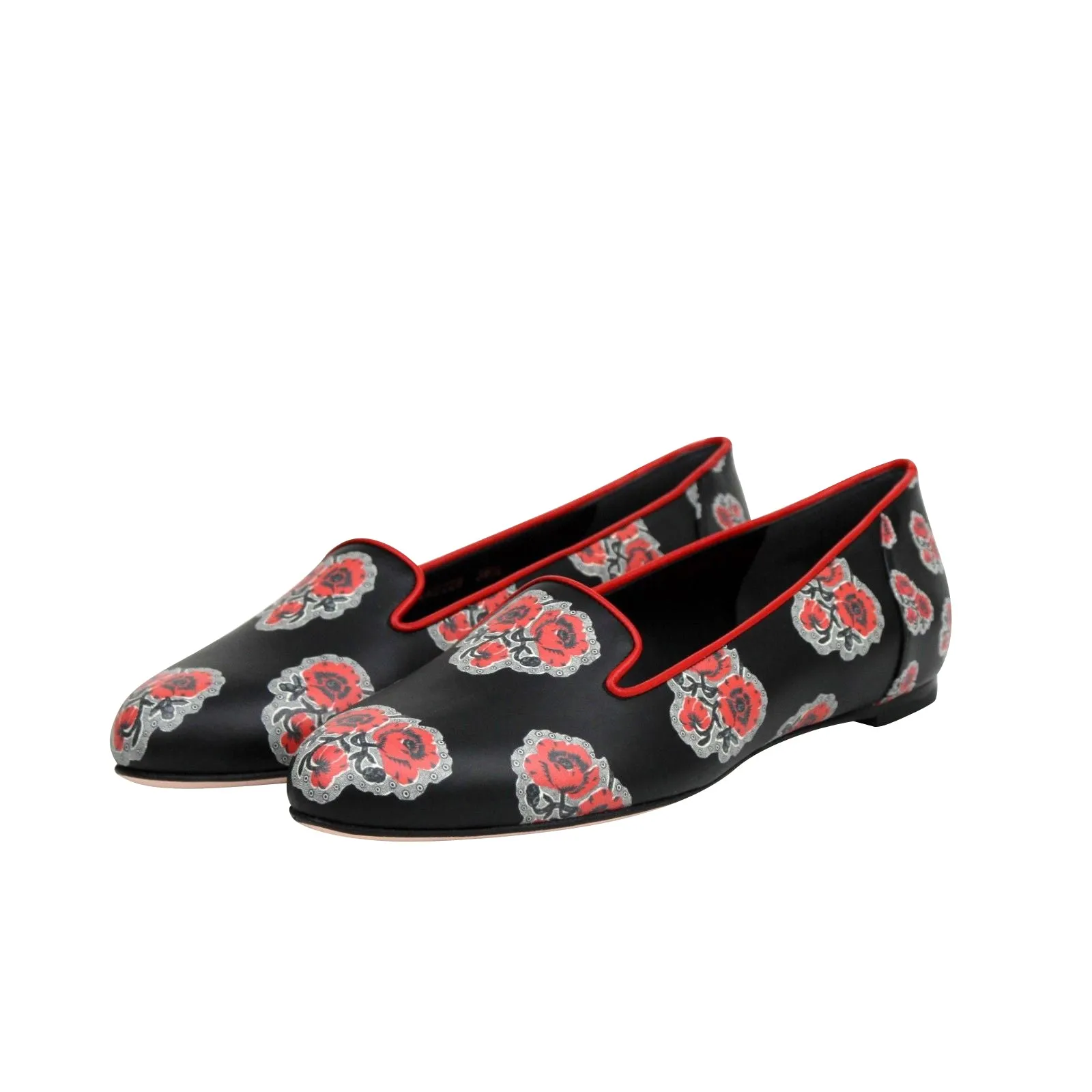 Alexander McQueen Women's Rose Pattern Black Leather Slipper Shoes