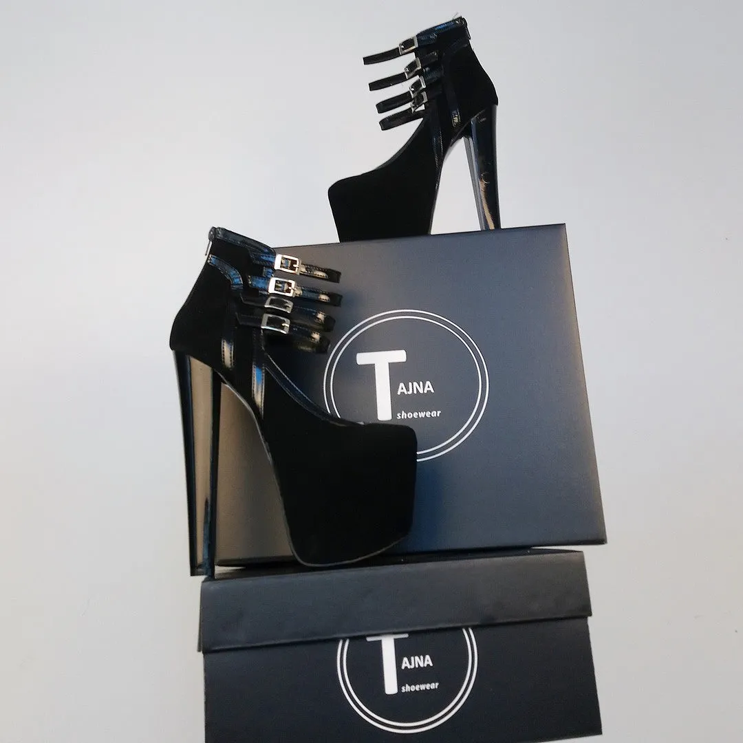 Black Faux Suede Belted 19 cm High Heel Platform