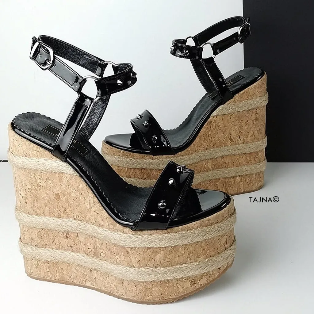 Black Gloss Studs Cork Wedge Sandals