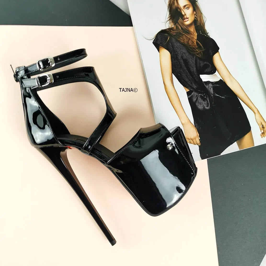 Black Patent Double Belted Ankle Heels