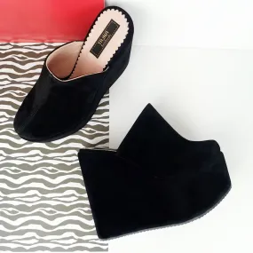 Black Suede Platform Sabo Wedge Mules