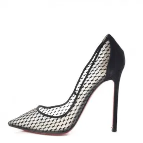 Christian Louboutin Black Fishnet Kid Suede Resille Follies 100 Natural Pumps