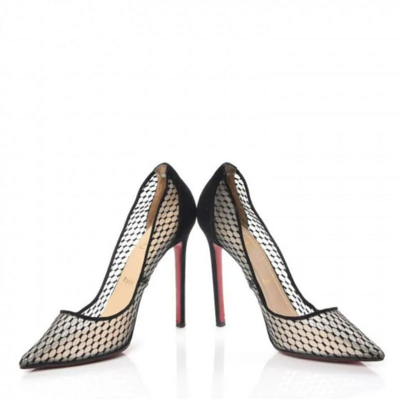 Christian Louboutin Black Fishnet Kid Suede Resille Follies 100 Natural Pumps