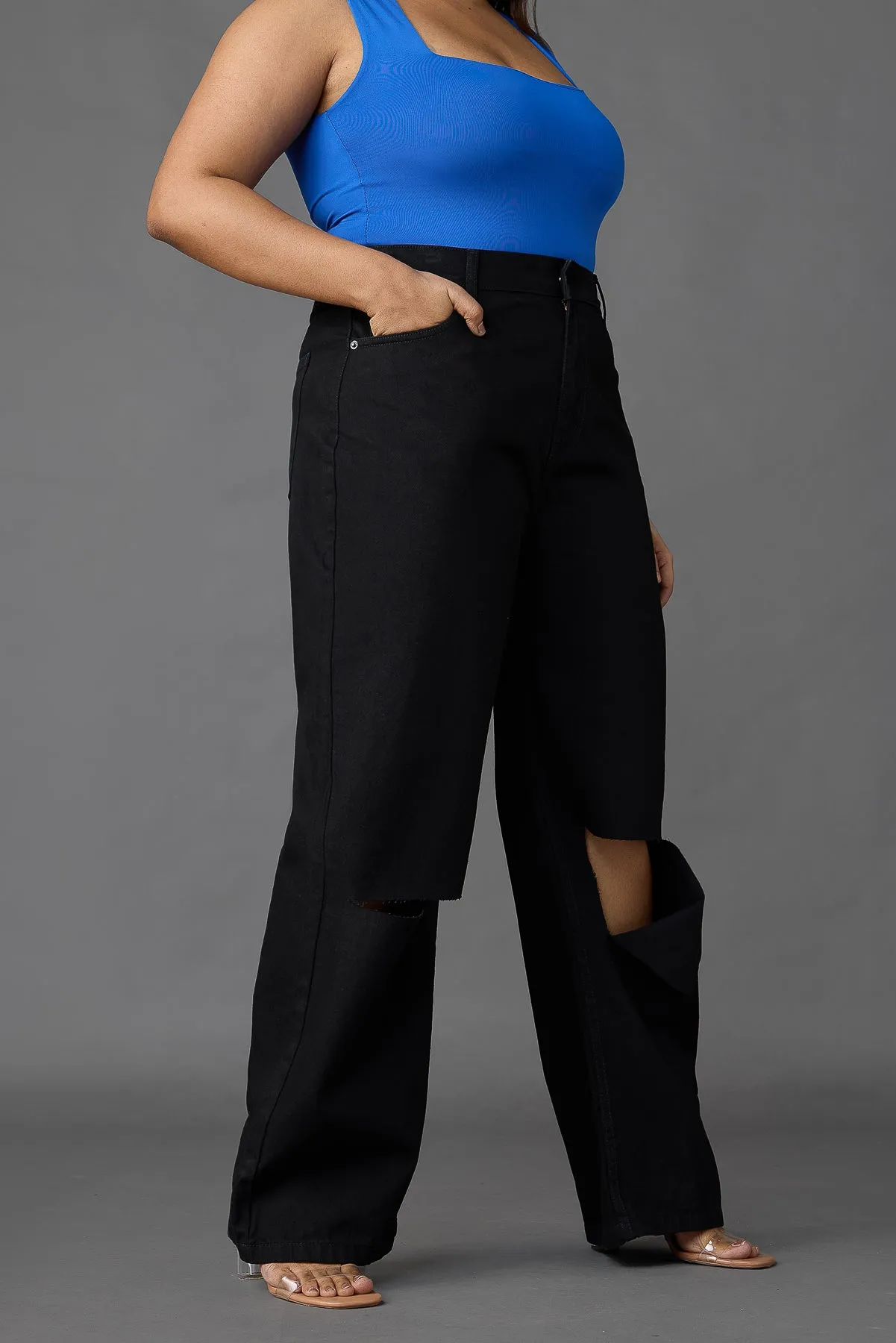 Curve Black Box Slit Wide Leg Jeans