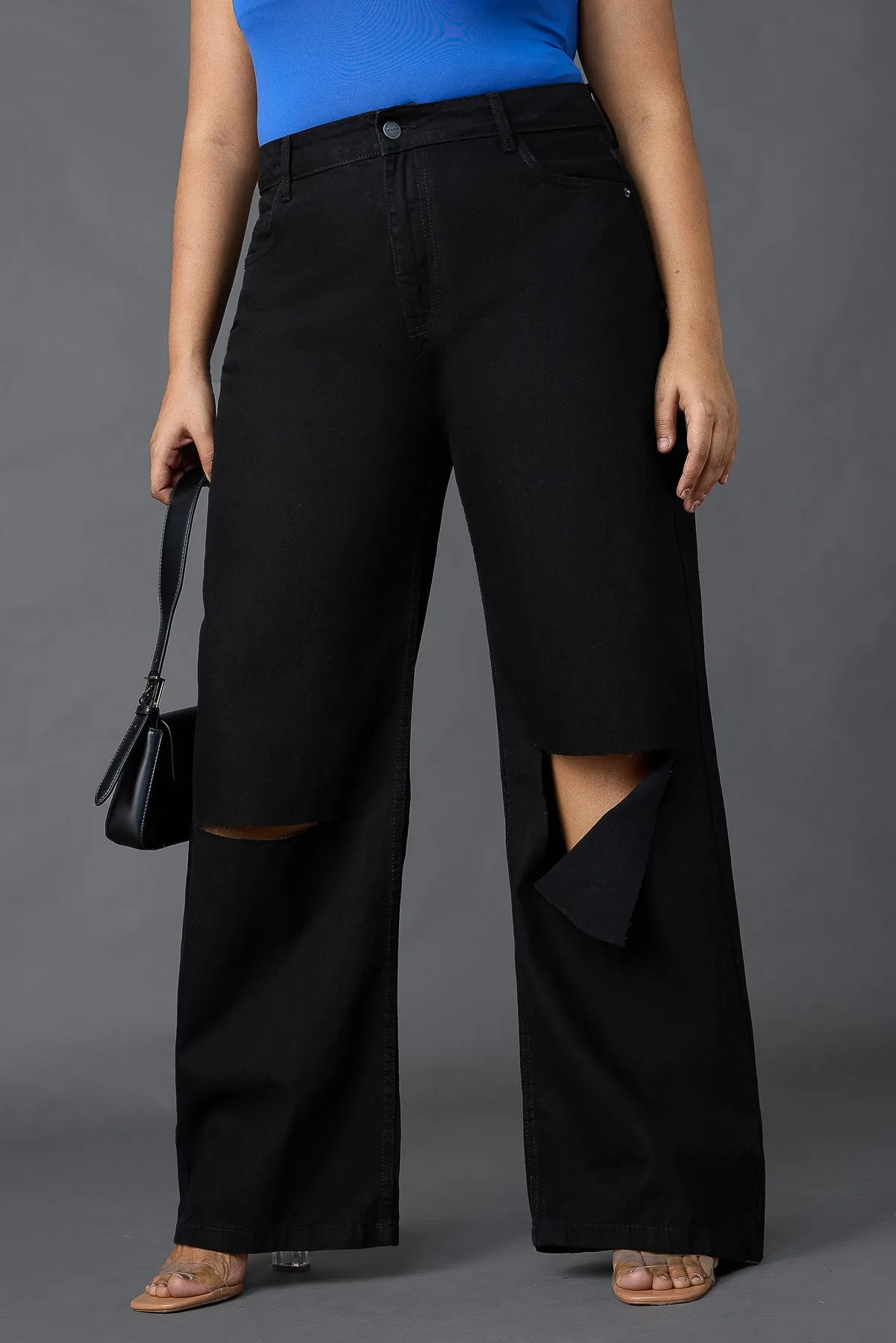 Curve Black Box Slit Wide Leg Jeans