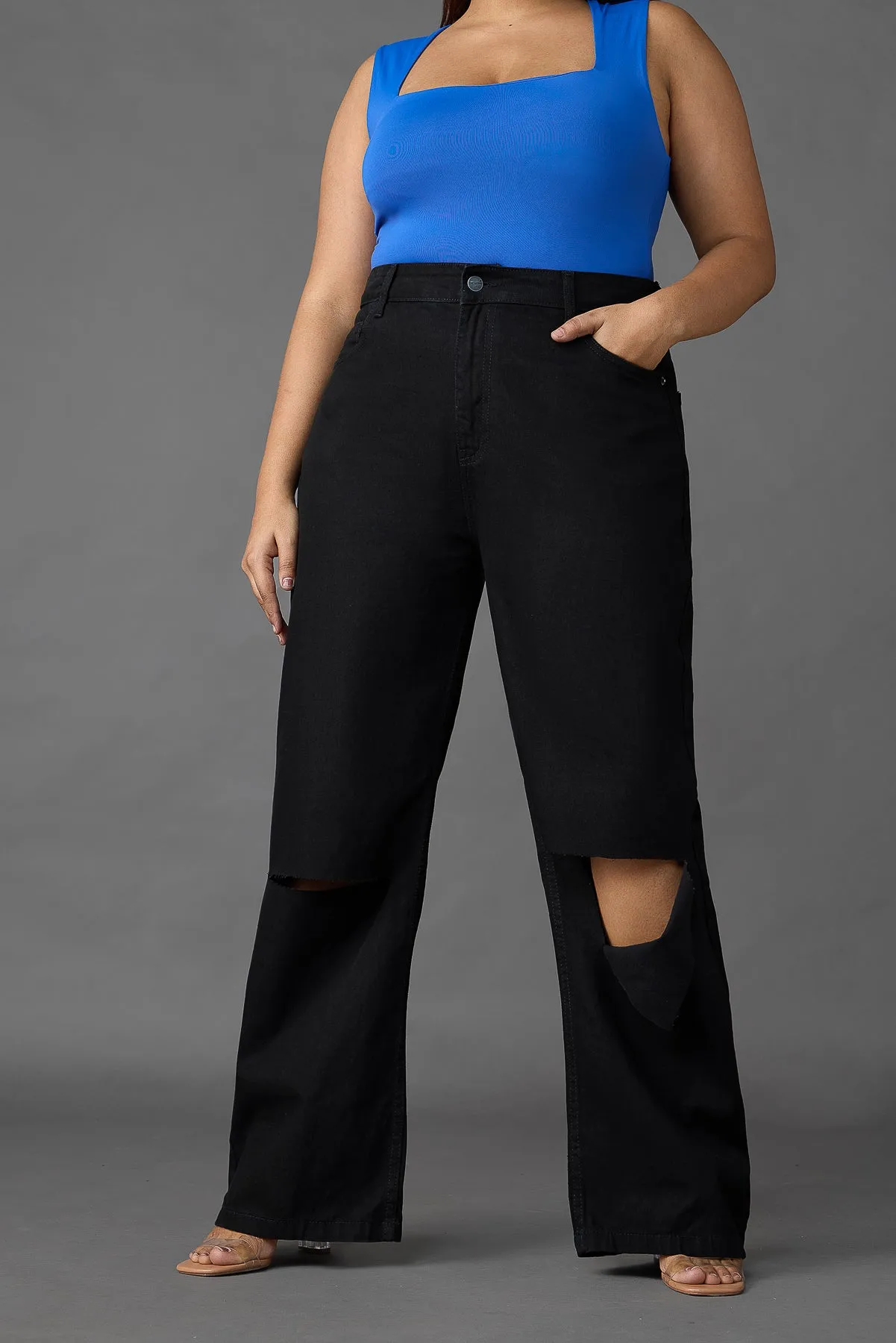 Curve Black Box Slit Wide Leg Jeans