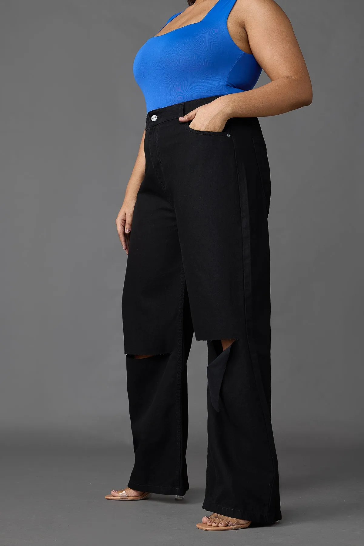 Curve Black Box Slit Wide Leg Jeans