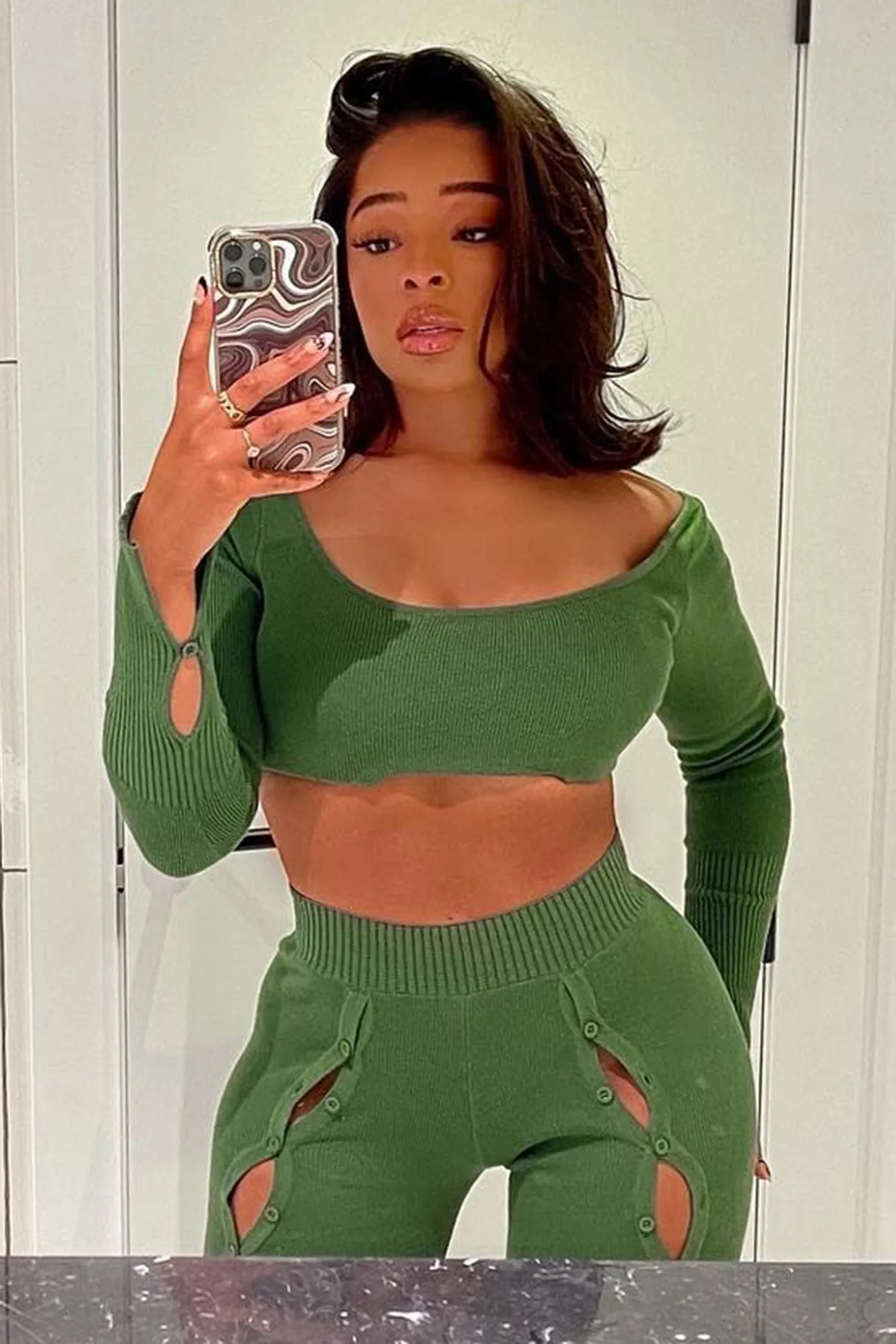 Green Knit Long Sleeve Crop Top & Front Split Pants Two Piece Set