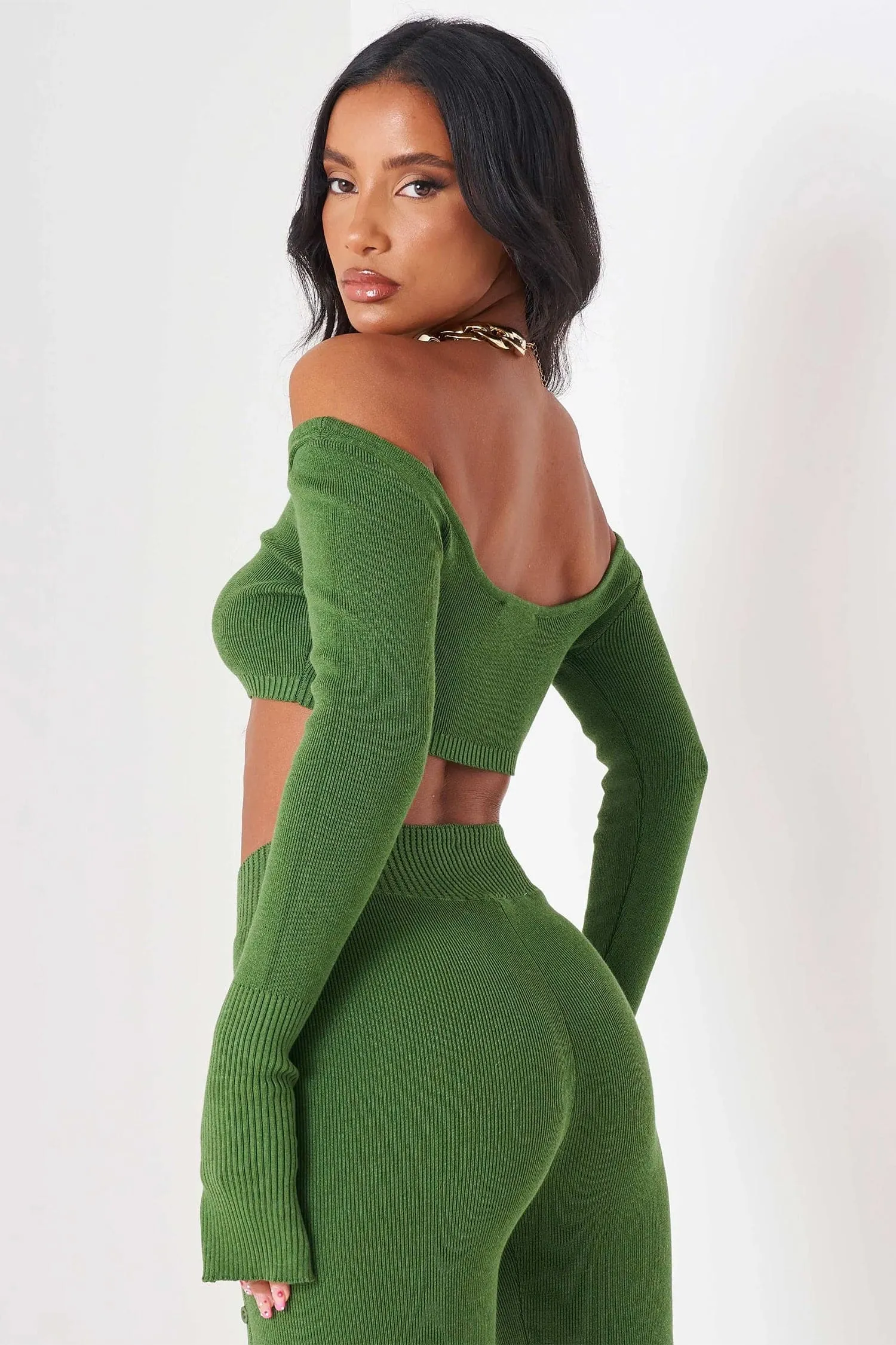 Green Knit Long Sleeve Crop Top & Front Split Pants Two Piece Set