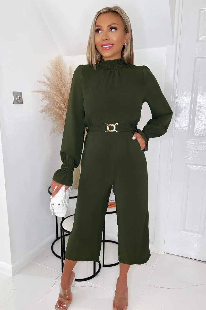 Olive High Neck Long Sleeve Belted Jumpsuit