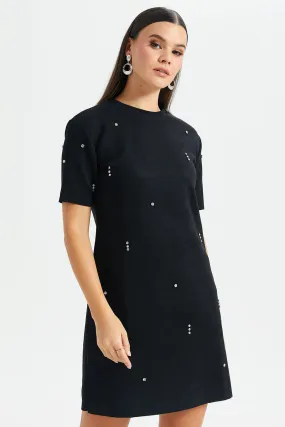 Women Black Rhinestone Swede Dress